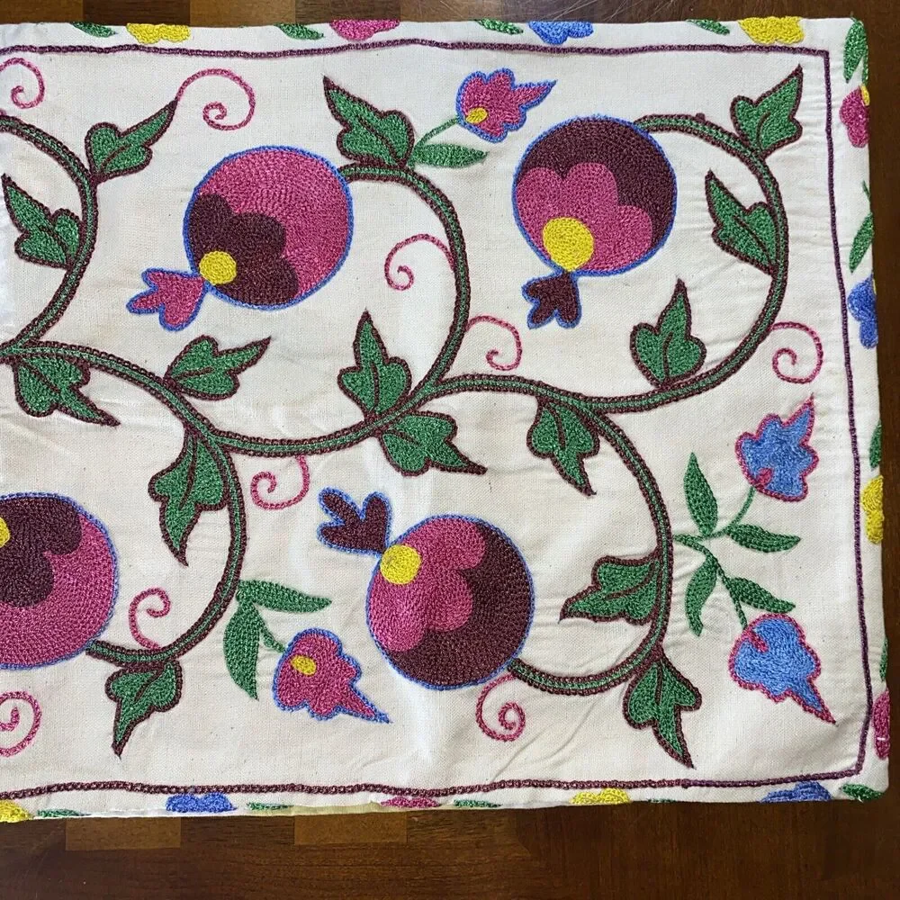 Handmade Embroidered Pillow Cover 3D Bright Floral Vine 14.5x 29.5” Boho Cottage